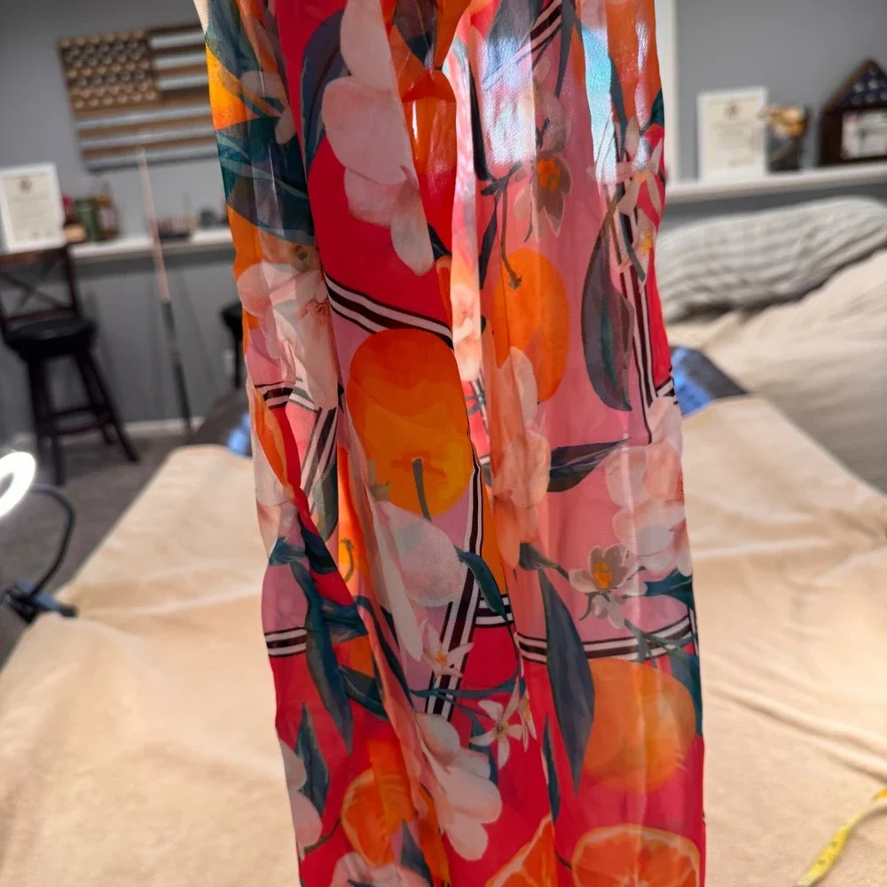 Boohoo Floral Citrus Print Wide Leg Sheer Beach Trousers Tropical Summer Sz 12 - Picture 11 of 12